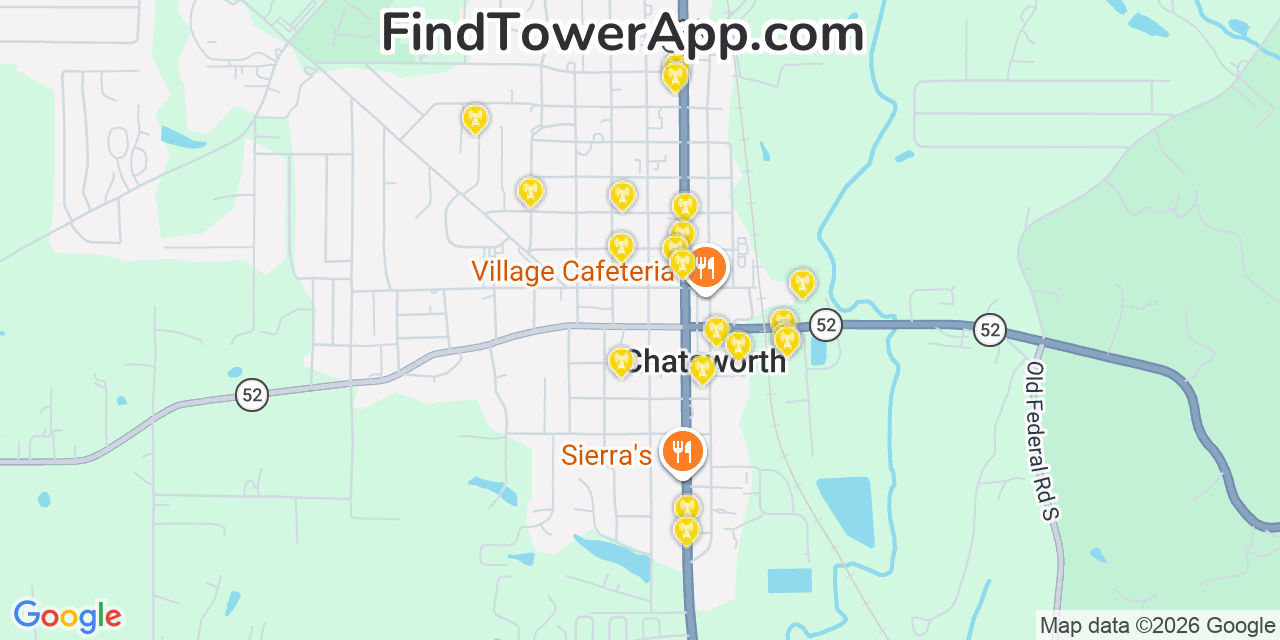 Map showing the 20 primary cell tower locations detected in Chatsworth, Georgia from AT&T, Verizon, and T-Mobile networks