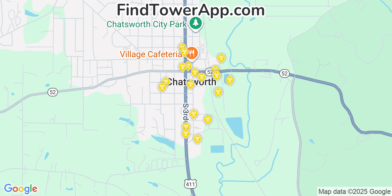 Map showing the 20 primary Mobitel cell tower locations detected in Chatsworth, Georgia with coverage radius and signal strength indicators