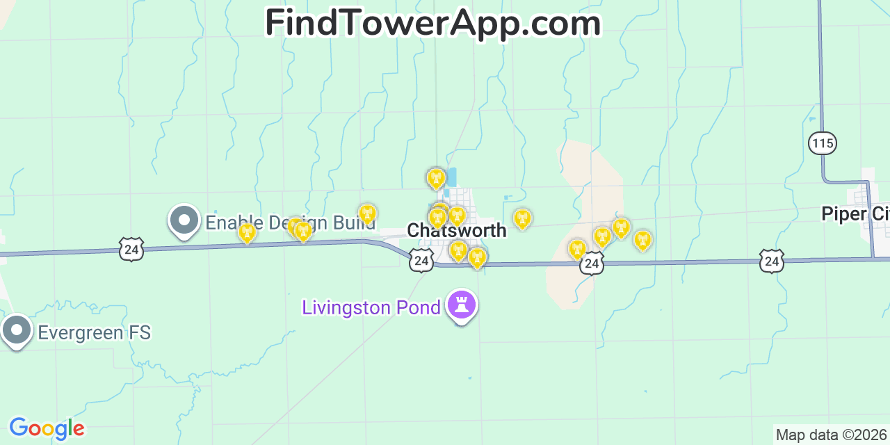Map showing the 20 primary cell tower locations detected in Chatsworth, Illinois from AT&T, Verizon, and T-Mobile networks