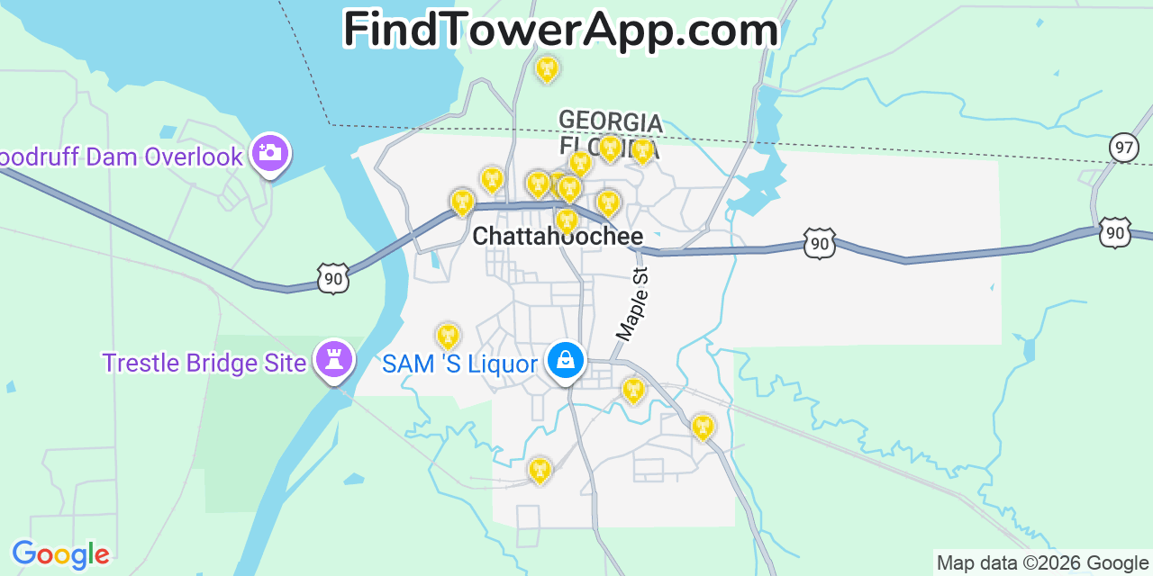 Map showing the 20 primary cell tower locations detected in Chattahoochee, Florida from AT&T, Verizon, and T-Mobile networks