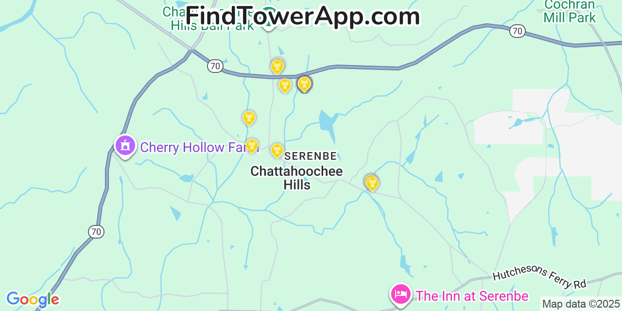Map showing the 20 primary cell tower locations detected in Chattahoochee Hills, Georgia from AT&T, Verizon, and T-Mobile networks