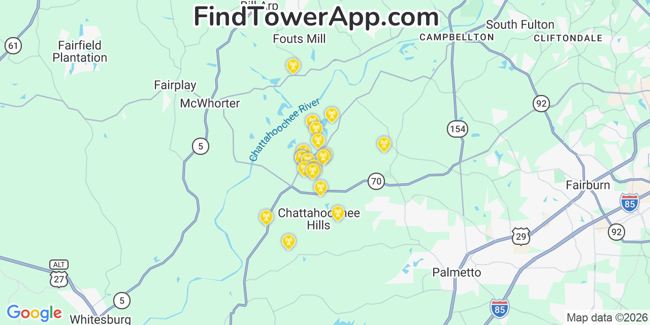 Map showing the 20 primary cell tower locations detected in Chattahoochee Hills, Georgia from AT&T, Verizon, and T-Mobile networks