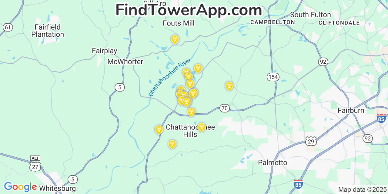Map showing the 20 primary Mobitel cell tower locations detected in Chattahoochee Hills, Georgia with coverage radius and signal strength indicators