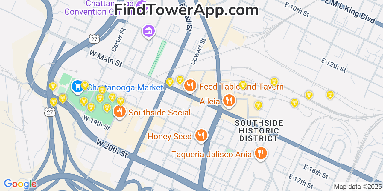 Map showing the 20 primary cell tower locations detected in Chattanooga, Tennessee from AT&T, Verizon, and T-Mobile networks