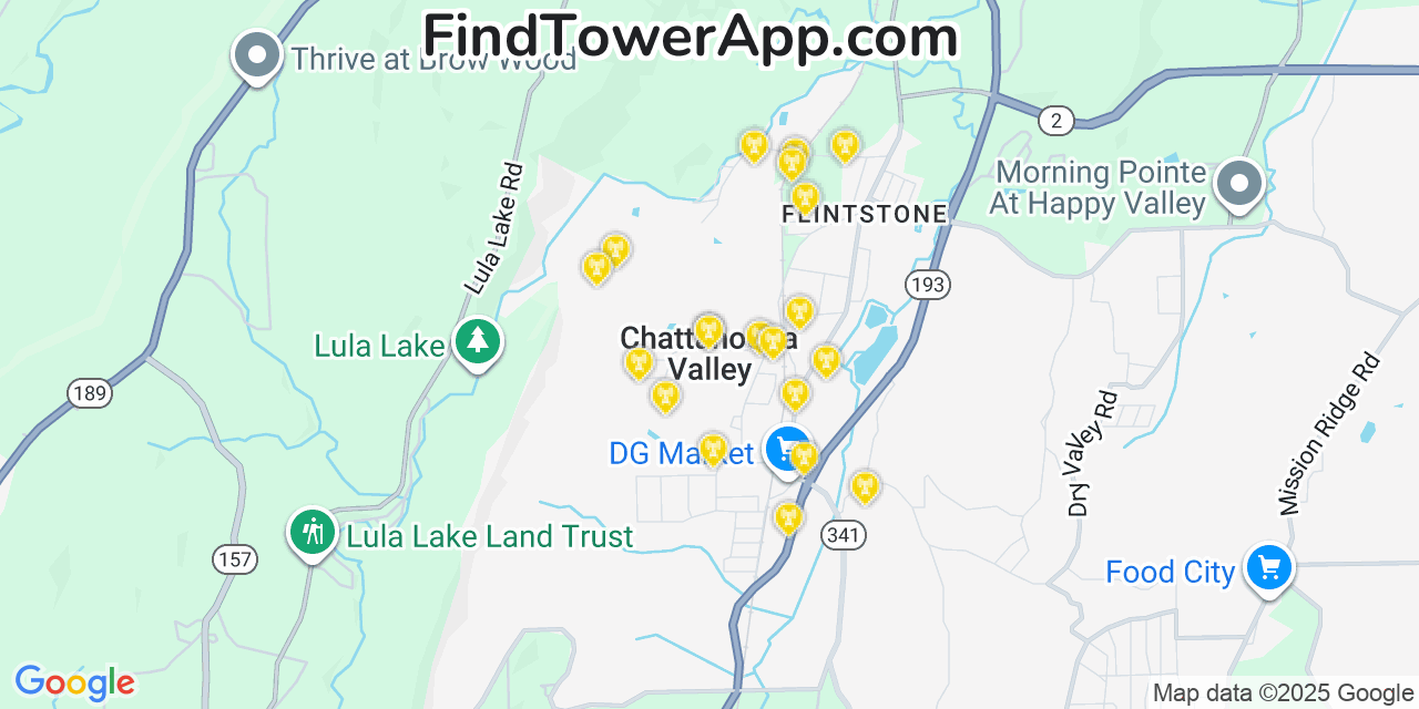 Map showing the 20 primary cell tower locations detected in Chattanooga Valley, Georgia from AT&T, Verizon, and T-Mobile networks