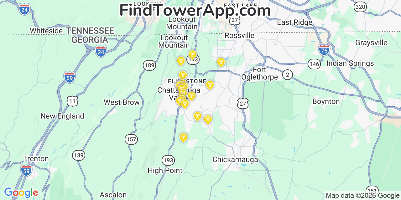 Map showing the 20 primary cell tower locations detected in Chattanooga Valley, Georgia from AT&T, Verizon, and T-Mobile networks