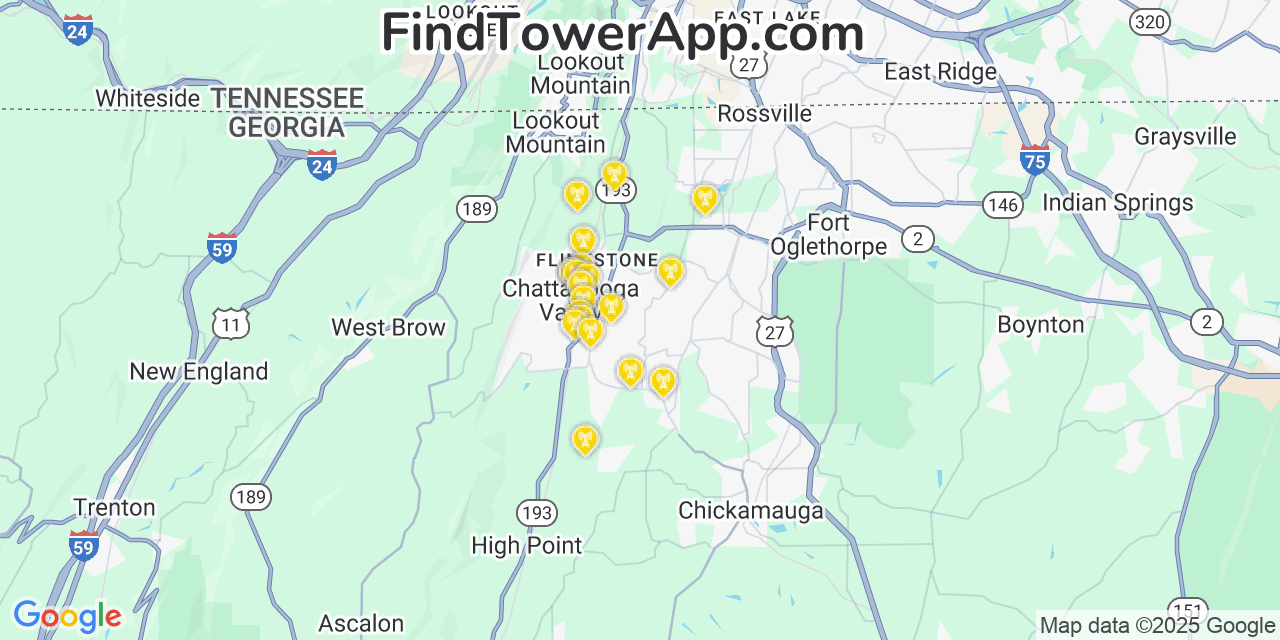 Map showing the 20 primary Mobitel cell tower locations detected in Chattanooga Valley, Georgia with coverage radius and signal strength indicators
