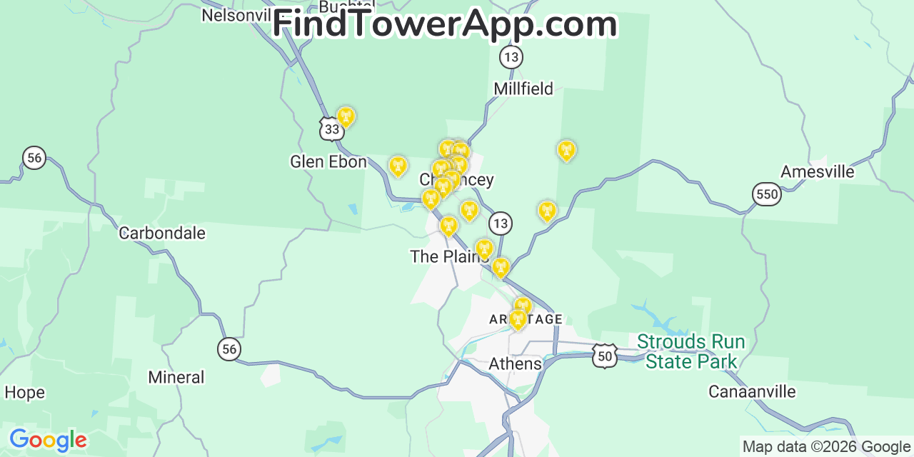 Map showing the 20 primary cell tower locations detected in Chauncey, Ohio from AT&T, Verizon, and T-Mobile networks