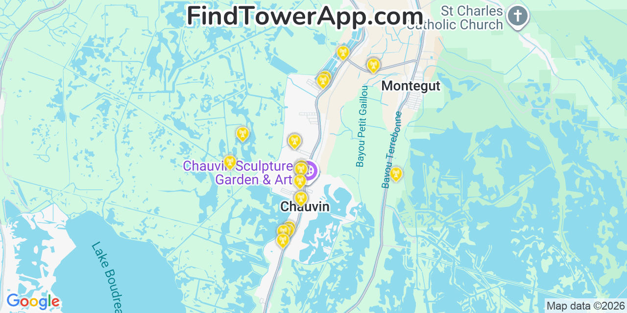 Map showing the 20 primary cell tower locations detected in Chauvin, Louisiana from AT&T, Verizon, and T-Mobile networks