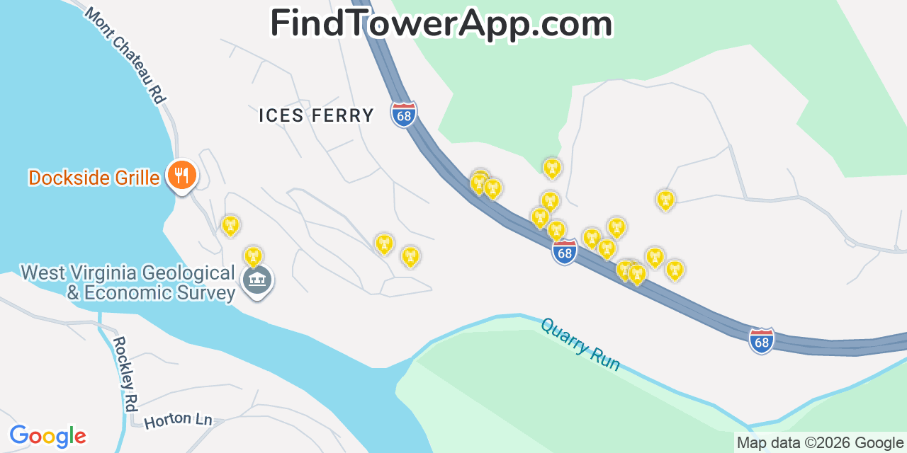 Map showing the 20 primary cell tower locations detected in Cheat Lake, West Virginia from AT&T, Verizon, and T-Mobile networks