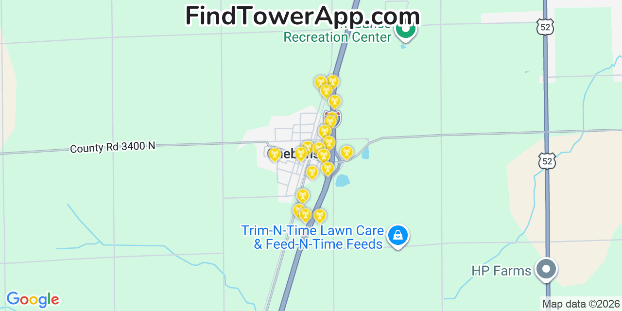 Map showing the 20 primary cell tower locations detected in Chebanse, Illinois from AT&T, Verizon, and T-Mobile networks
