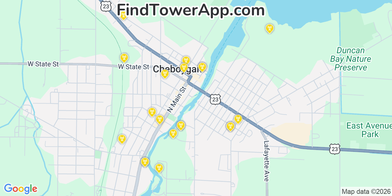 Map showing the 20 primary cell tower locations detected in Cheboygan, Michigan from AT&T, Verizon, and T-Mobile networks