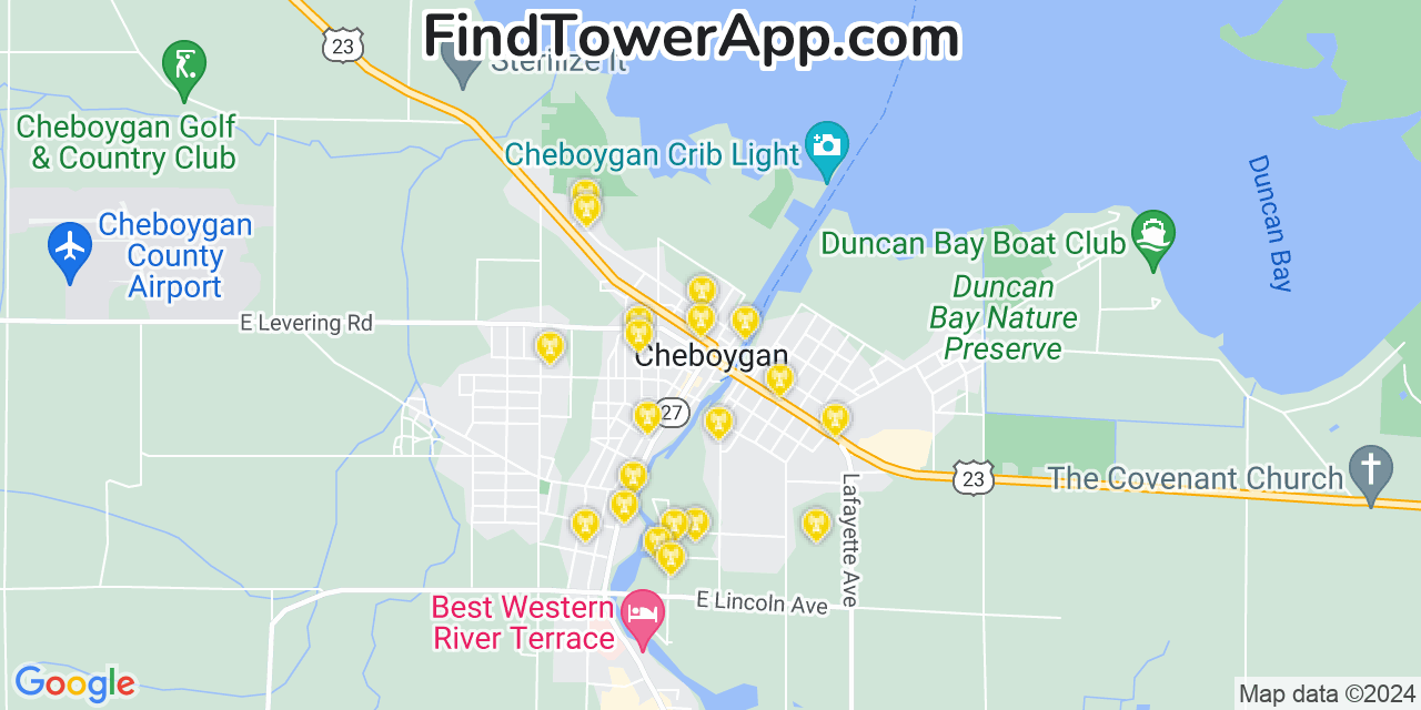 Verizon 4G/5G cell tower coverage map Cheboygan, Michigan