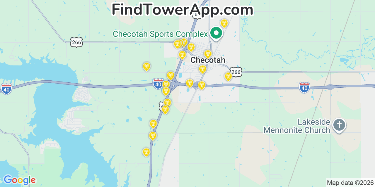Map showing the 20 primary cell tower locations detected in Checotah, Oklahoma from AT&T, Verizon, and T-Mobile networks