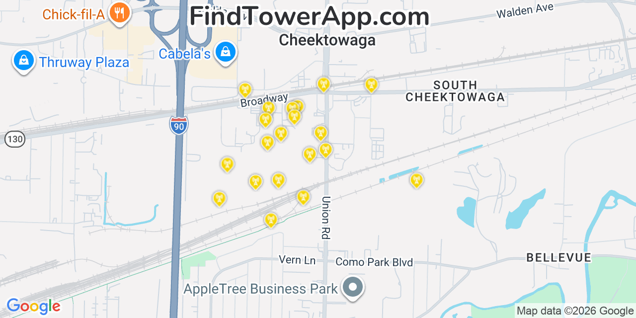 Map showing the 20 primary cell tower locations detected in Cheektowaga, New York from AT&T, Verizon, and T-Mobile networks