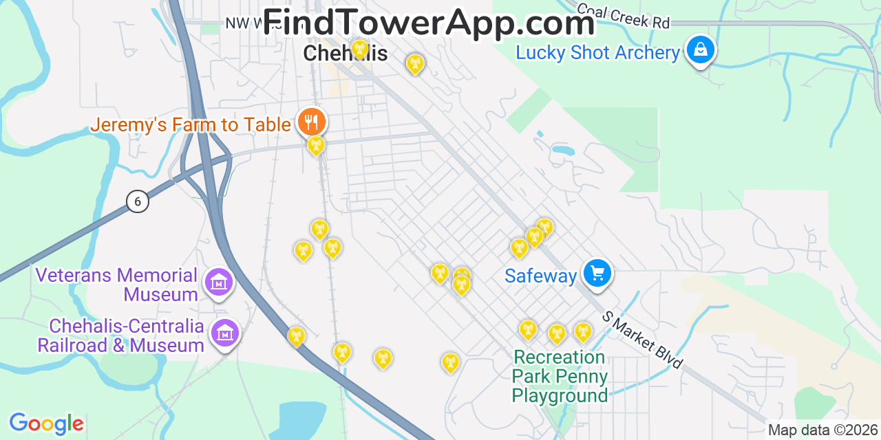 Map showing the 20 primary cell tower locations detected in Chehalis, Washington from AT&T, Verizon, and T-Mobile networks