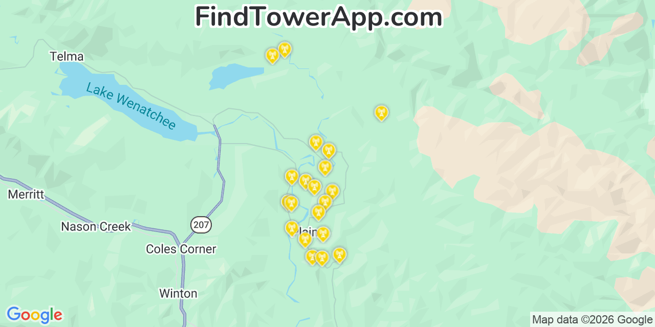 Map showing the 20 primary cell tower locations detected in Chelan, Washington from AT&T, Verizon, and T-Mobile networks