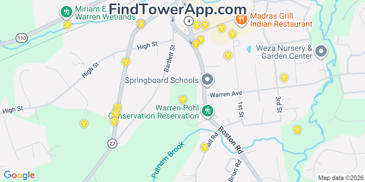 Map showing the 20 primary cell tower locations detected in Chelmsford, Massachusetts from AT&T, Verizon, and T-Mobile networks
