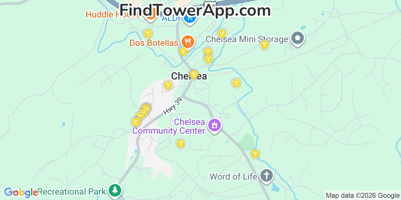 Map showing the 20 primary cell tower locations detected in Chelsea, Alabama from AT&T, Verizon, and T-Mobile networks