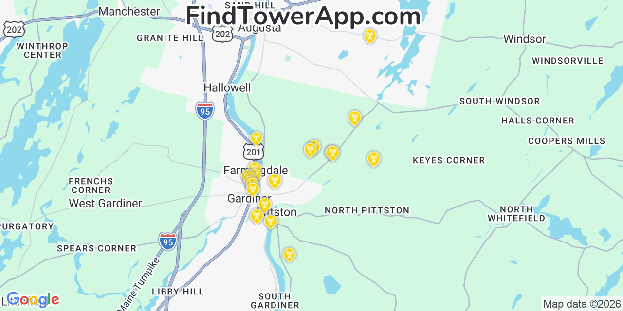 Map showing the 20 primary cell tower locations detected in Chelsea, Maine from AT&T, Verizon, and T-Mobile networks