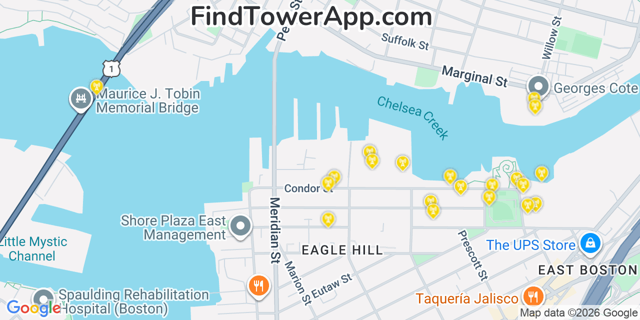Map showing the 20 primary cell tower locations detected in Chelsea, Massachusetts from AT&T, Verizon, and T-Mobile networks