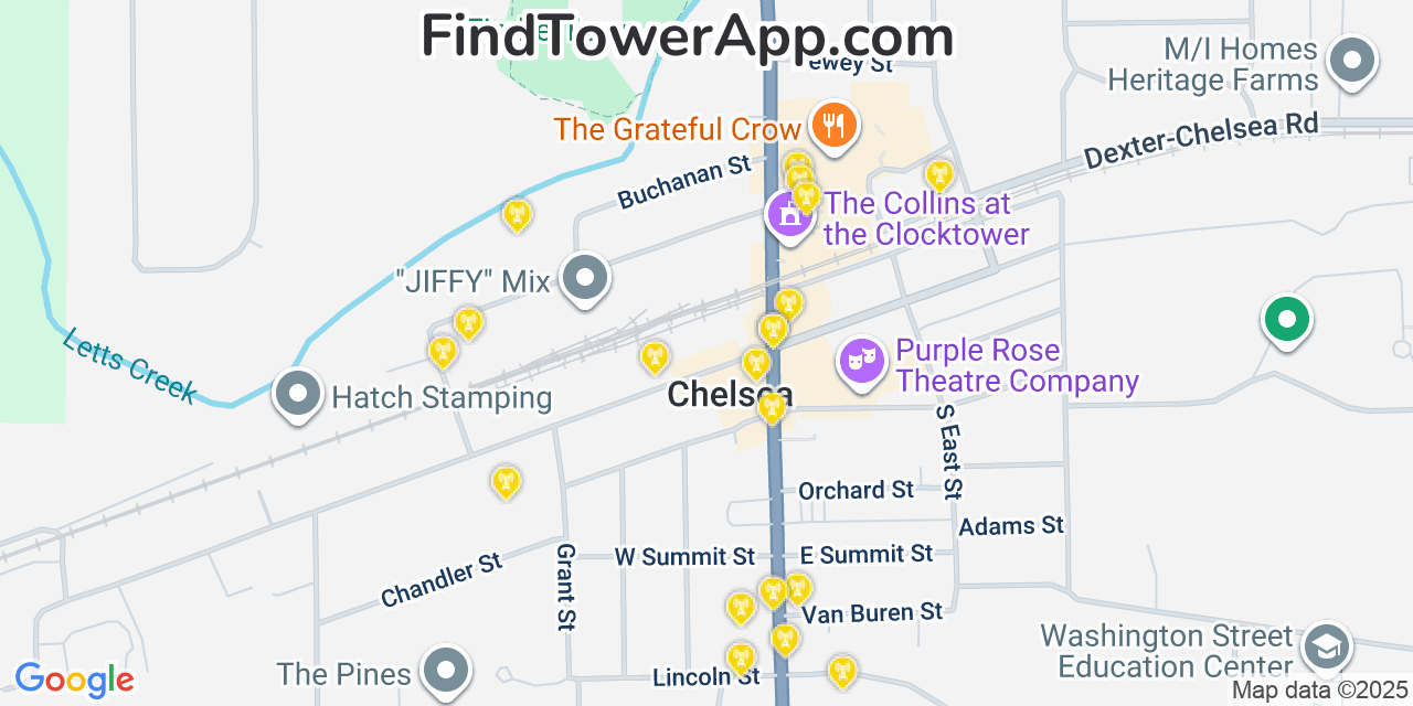 Map showing the 20 primary cell tower locations detected in Chelsea, Michigan from AT&T, Verizon, and T-Mobile networks