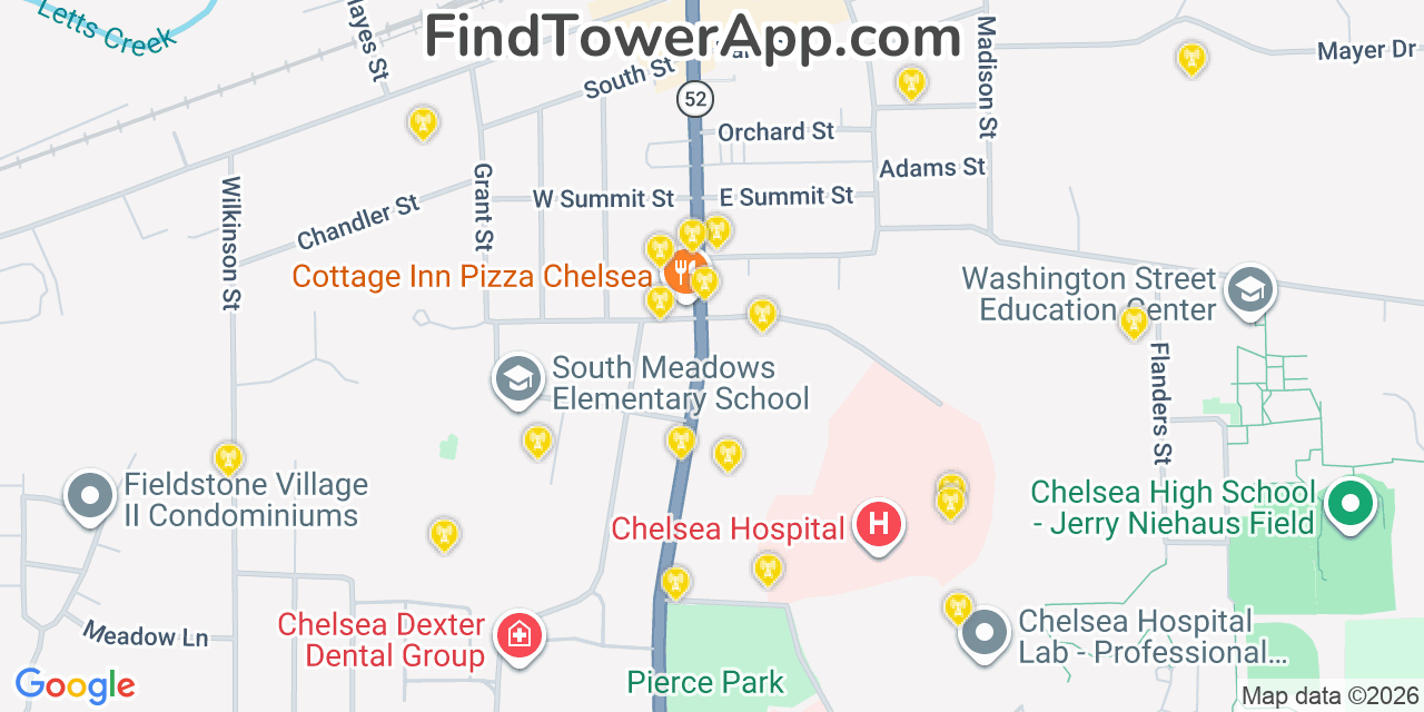Map showing the 20 primary cell tower locations detected in Chelsea, Michigan from AT&T, Verizon, and T-Mobile networks