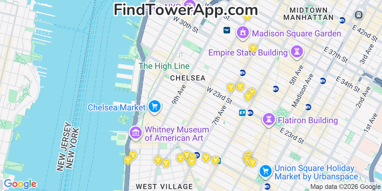Map showing the 20 primary cell tower locations detected in Chelsea, New York from AT&T, Verizon, and T-Mobile networks