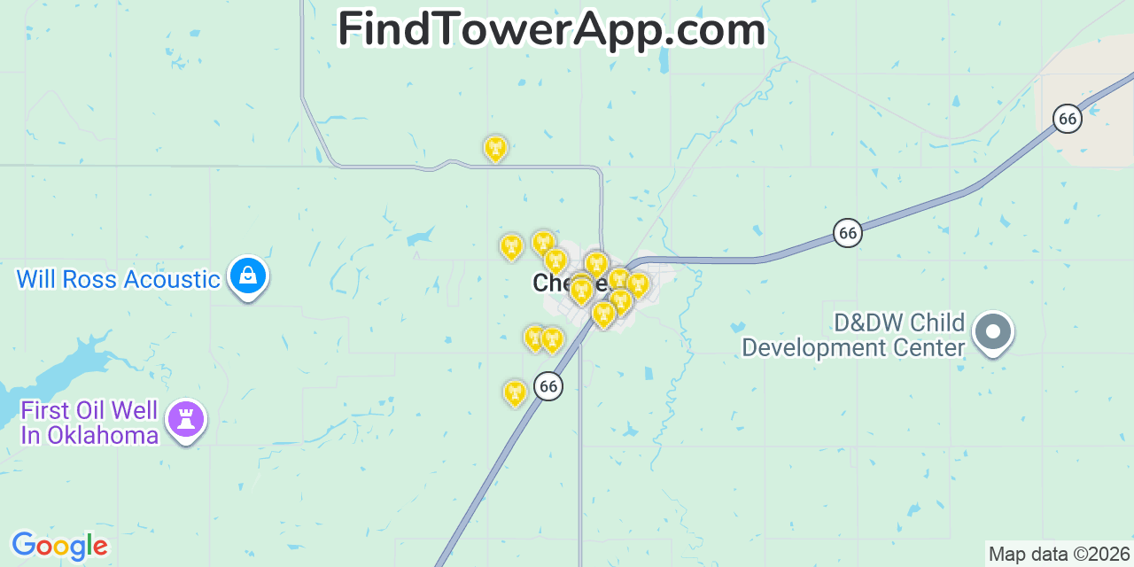 Map showing the 20 primary cell tower locations detected in Chelsea, Oklahoma from AT&T, Verizon, and T-Mobile networks