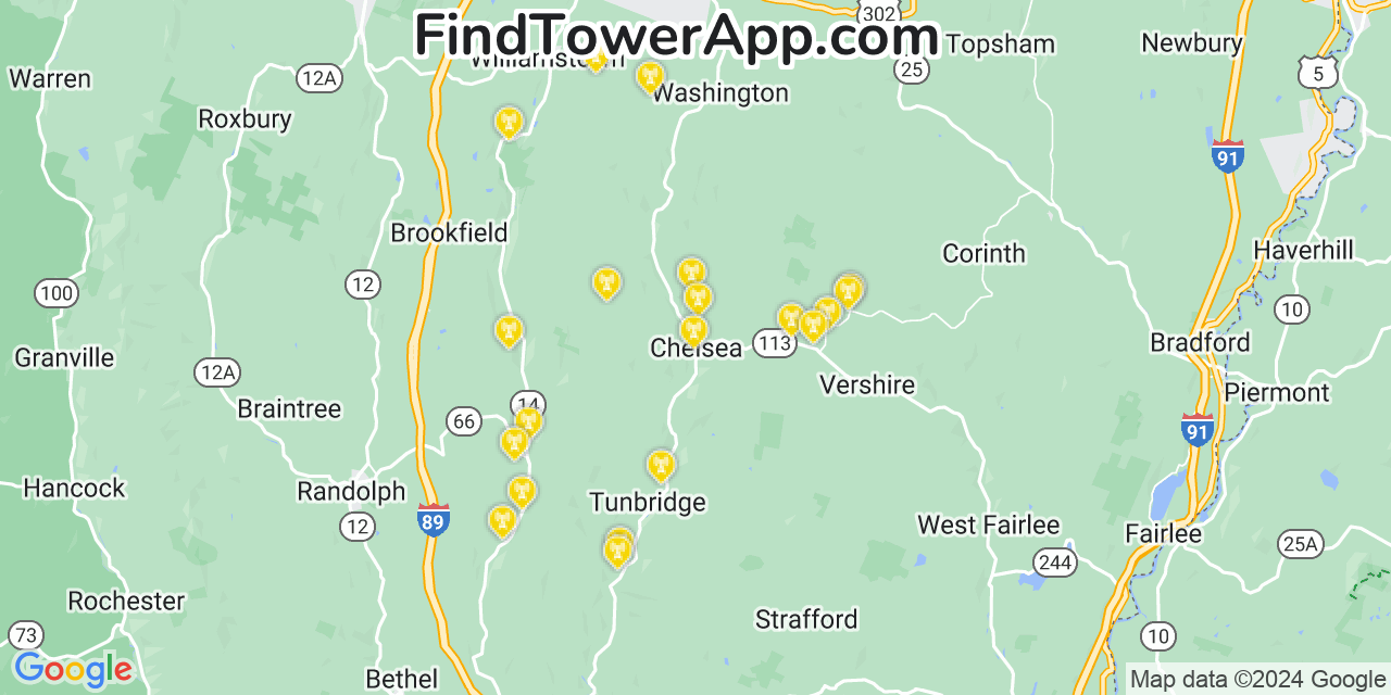 AT&T 4G/5G cell tower coverage map Chelsea, Vermont