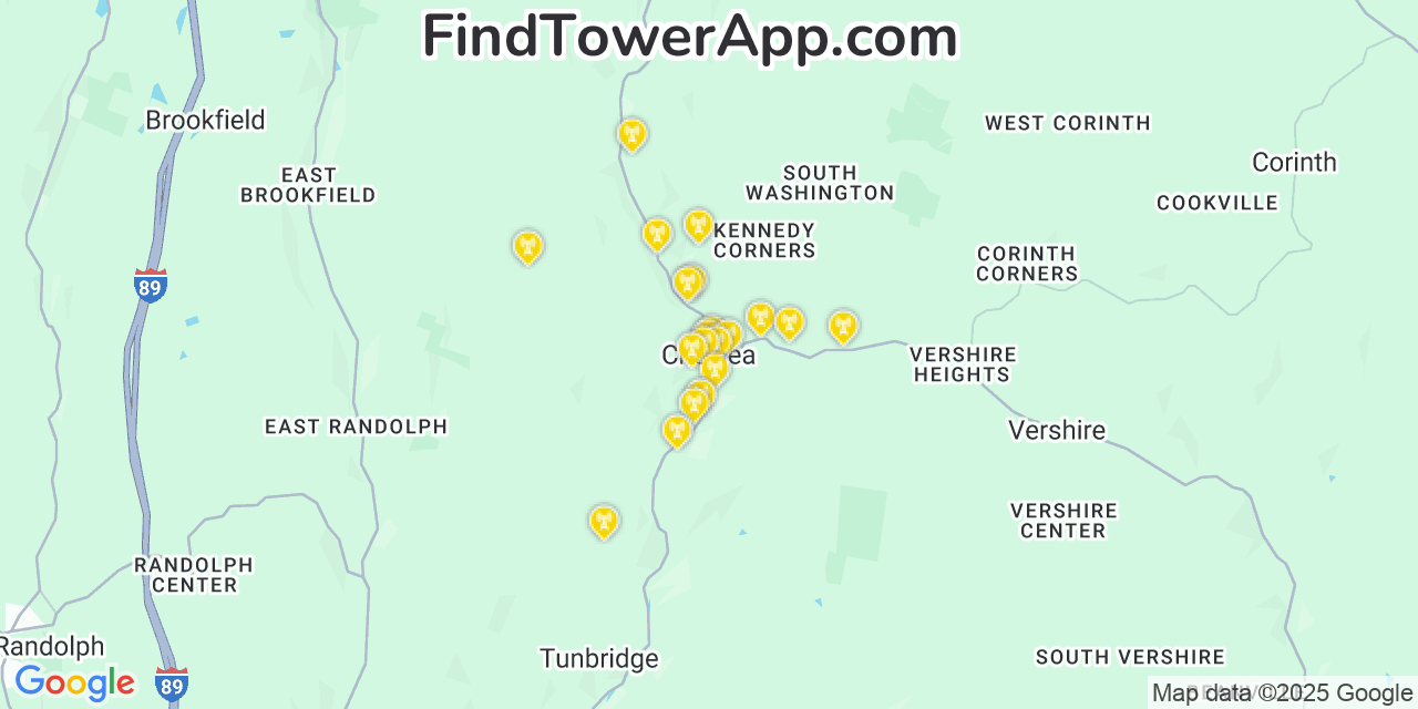 Map showing the 20 primary cell tower locations detected in Chelsea, Vermont from AT&T, Verizon, and T-Mobile networks