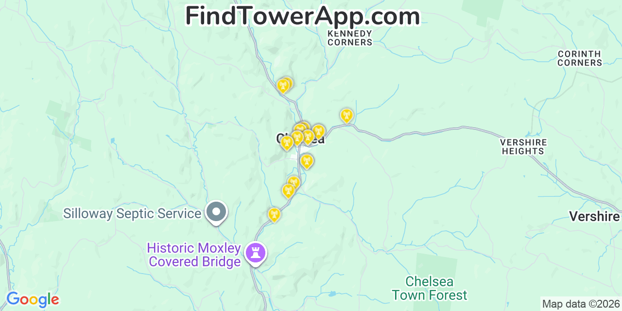 Map showing the 20 primary cell tower locations detected in Chelsea, Vermont from AT&T, Verizon, and T-Mobile networks