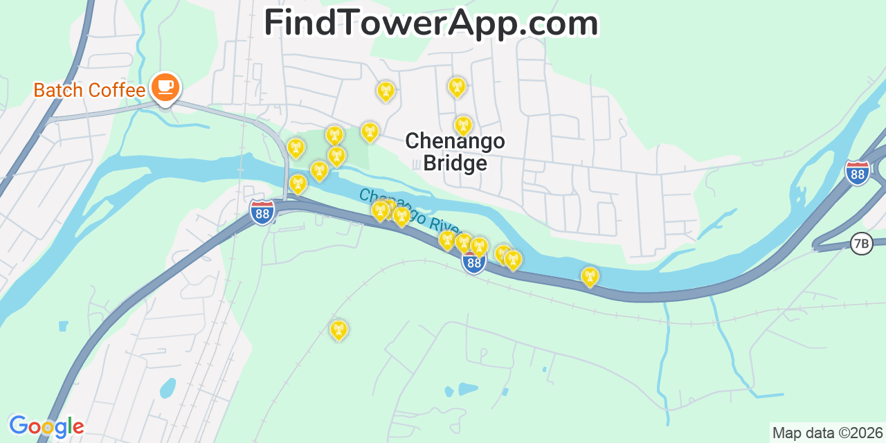 Map showing the 20 primary cell tower locations detected in Chenango Bridge, New York from AT&T, Verizon, and T-Mobile networks