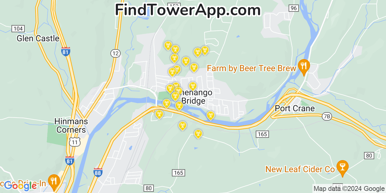 Verizon 4G/5G cell tower coverage map Chenango Bridge, New York