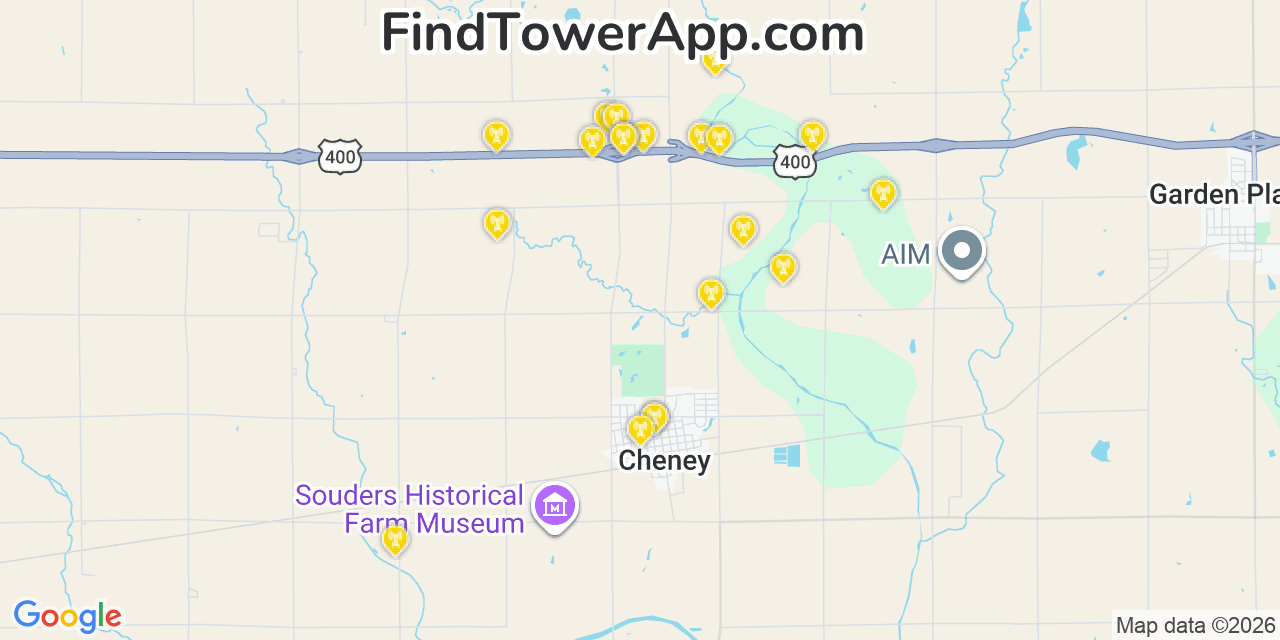 Map showing the 20 primary cell tower locations detected in Cheney, Kansas from AT&T, Verizon, and T-Mobile networks
