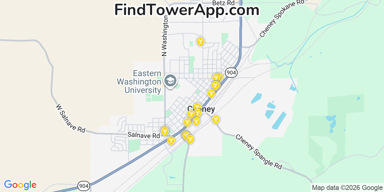 Map showing the 20 primary cell tower locations detected in Cheney, Washington from AT&T, Verizon, and T-Mobile networks