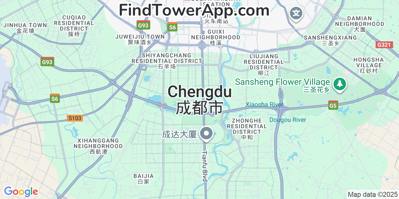 Map showing the 0 primary China-Unicom cell tower locations detected in Chengdu, China with coverage radius and signal strength indicators