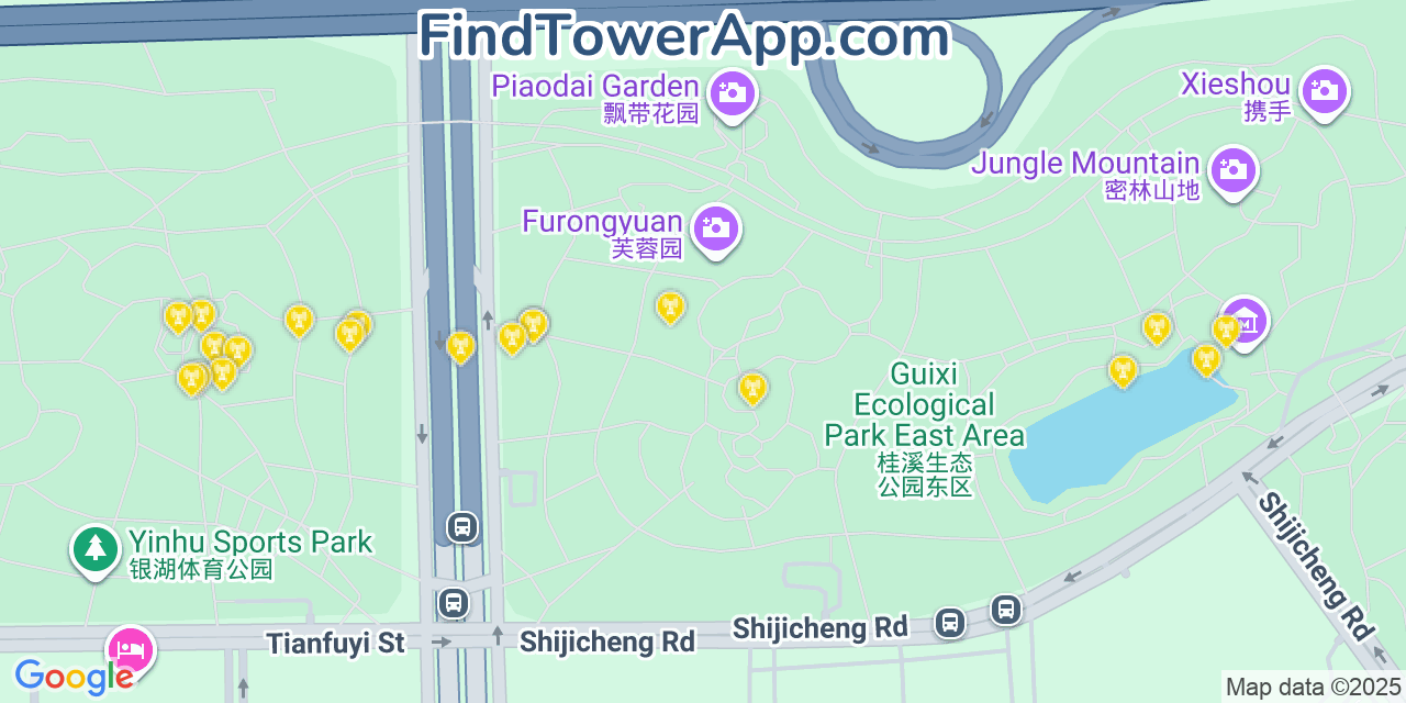 Map showing the 20 primary cell tower locations detected in Chengdu, China with coverage areas and signal strength