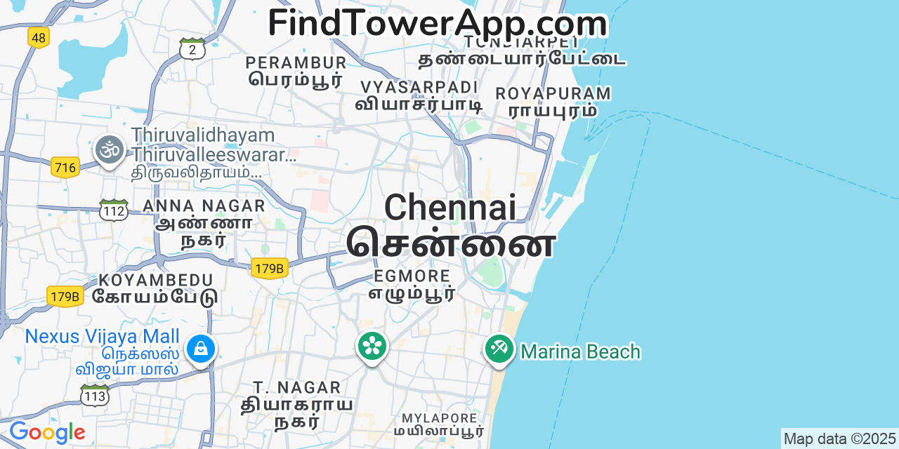 Map showing the 0 primary Maharashtra--Goa cell tower locations detected in Chennai, India with coverage radius and signal strength indicators