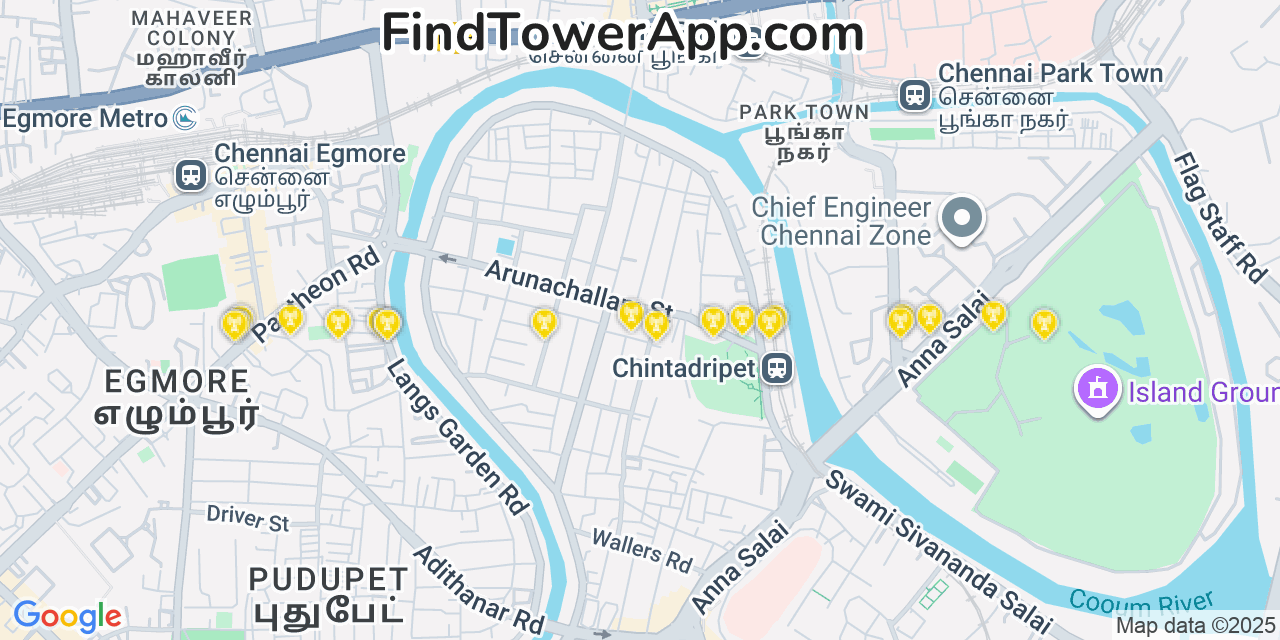 Map showing the 20 primary cell tower locations detected in Chennai, India with coverage areas and signal strength