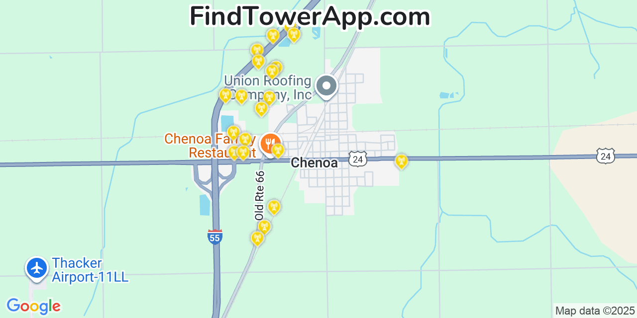 Map showing the 20 primary cell tower locations detected in Chenoa, Illinois from AT&T, Verizon, and T-Mobile networks