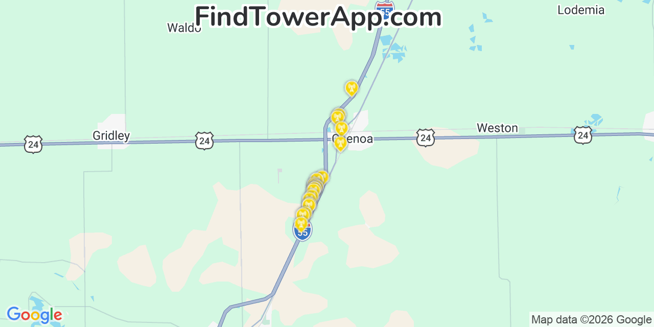 Map showing the 20 primary cell tower locations detected in Chenoa, Illinois from AT&T, Verizon, and T-Mobile networks