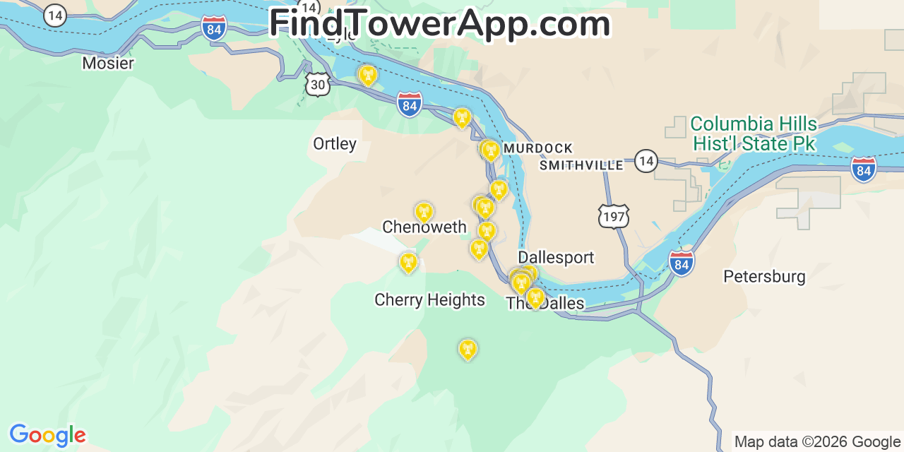 Map showing the 20 primary cell tower locations detected in Chenoweth, Oregon from AT&T, Verizon, and T-Mobile networks