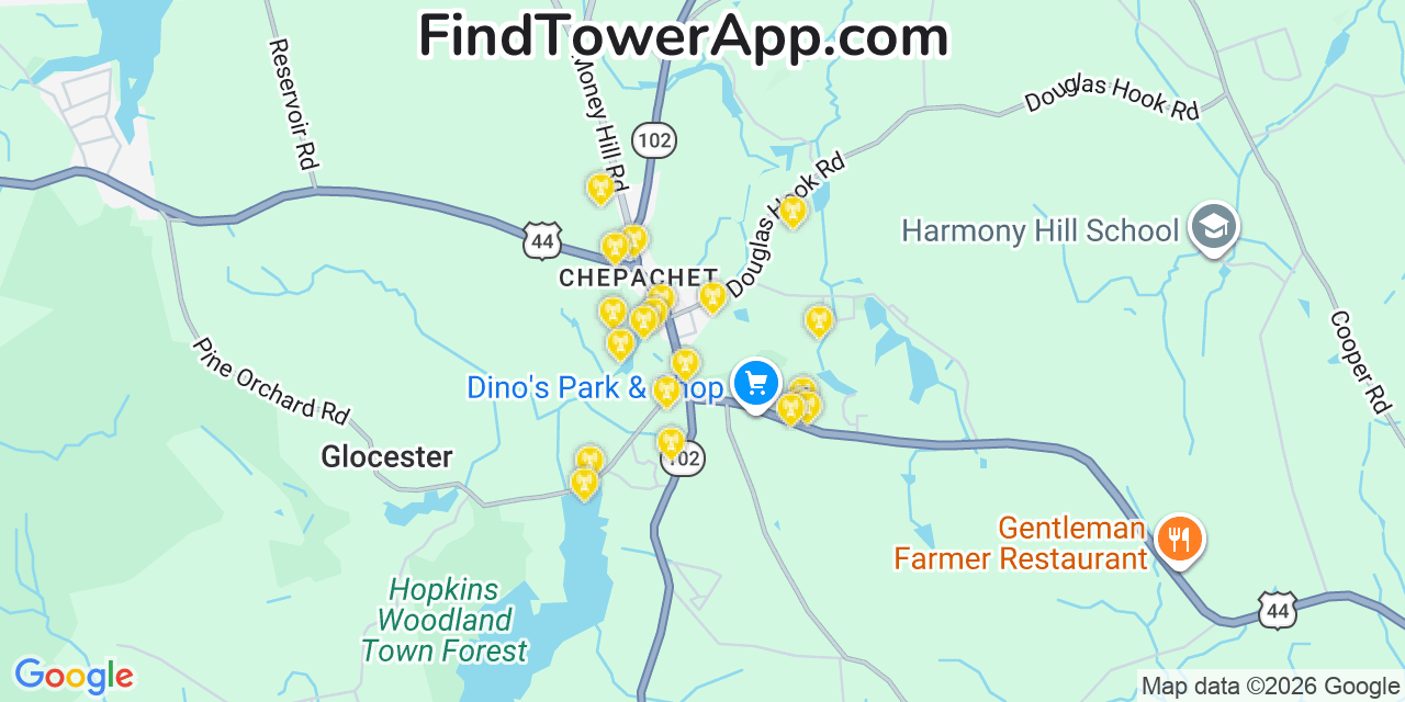 Map showing the 20 primary cell tower locations detected in Chepachet, Rhode Island from AT&T, Verizon, and T-Mobile networks