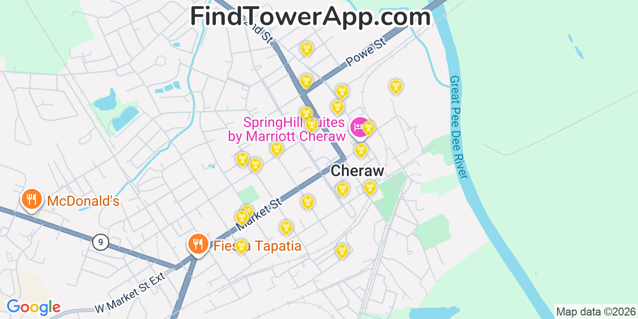 Map showing the 20 primary cell tower locations detected in Cheraw, South Carolina from AT&T, Verizon, and T-Mobile networks