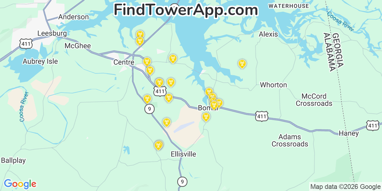 Map showing the 20 primary cell tower locations detected in Cherokee, Alabama from AT&T, Verizon, and T-Mobile networks