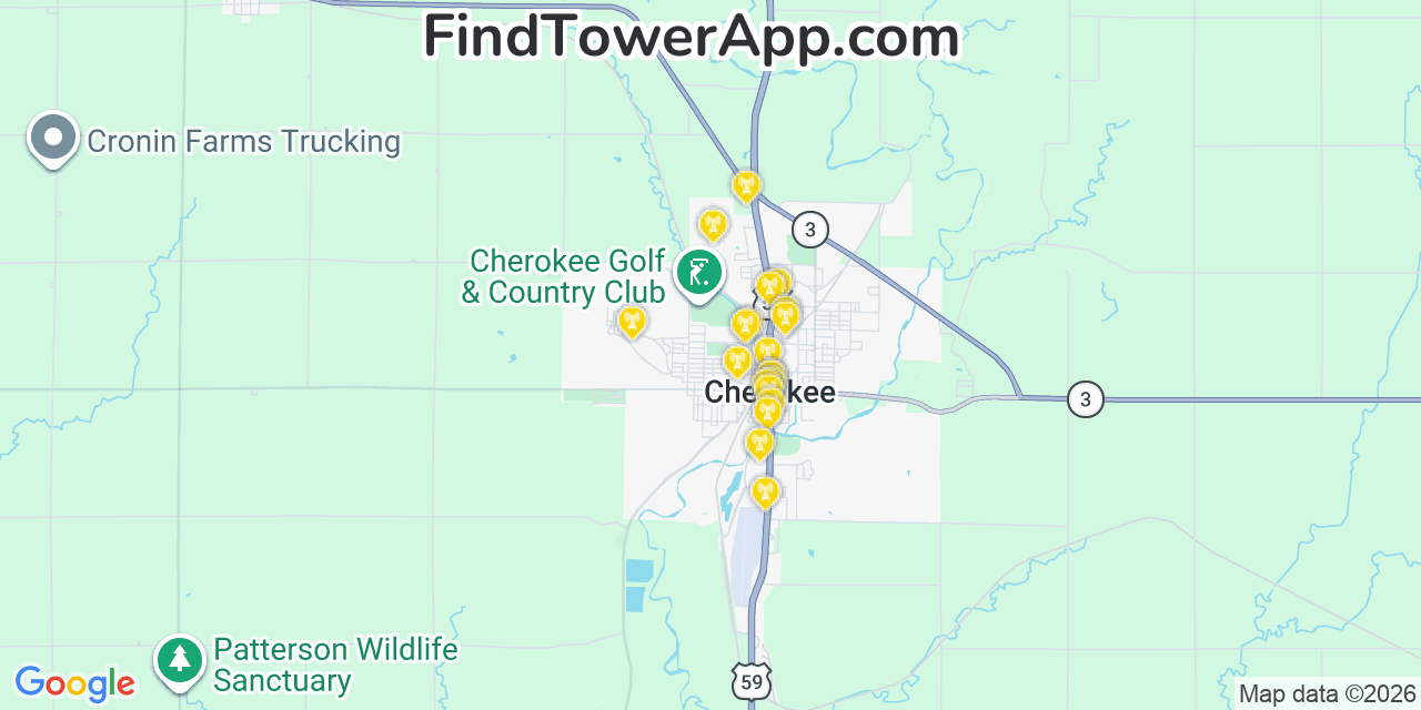 Map showing the 20 primary cell tower locations detected in Cherokee, Iowa from AT&T, Verizon, and T-Mobile networks