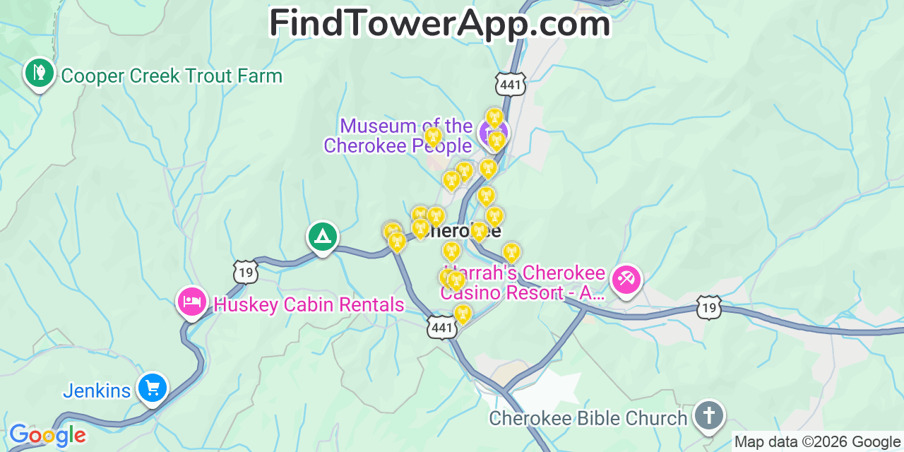 Map showing the 20 primary cell tower locations detected in Cherokee, North Carolina from AT&T, Verizon, and T-Mobile networks