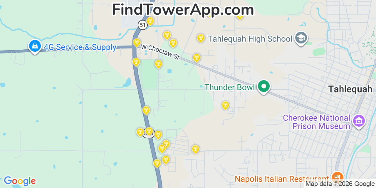 Map showing the 20 primary cell tower locations detected in Cherokee, Oklahoma from AT&T, Verizon, and T-Mobile networks