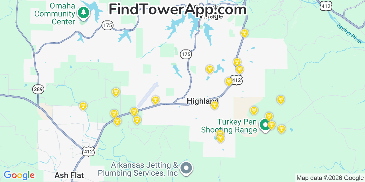 Map showing the 20 primary cell tower locations detected in Cherokee Village, Arkansas from AT&T, Verizon, and T-Mobile networks